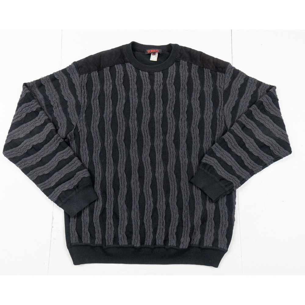 Torras Sweater Mens 46 Black Crewneck Textured Cosby Grandpa Pullover Wool Blend